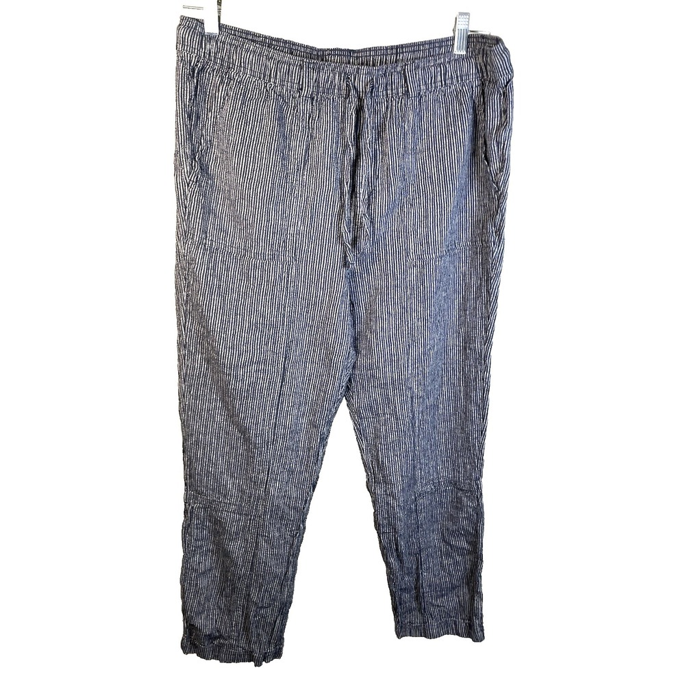 Women's Linen Pants Small 4-6 Pockets Drawstring Navy Blue Stripe causal lounge